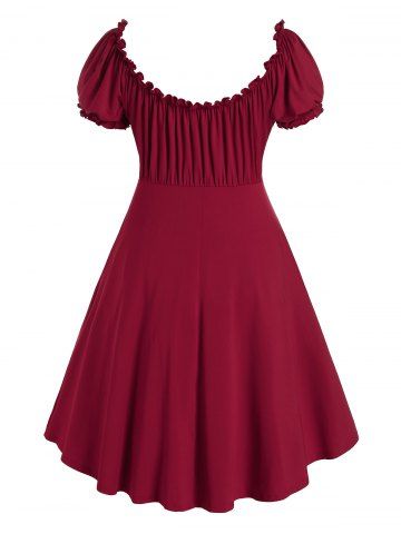 

Plus Size Puff Sleeve A Line Dress, Firebrick