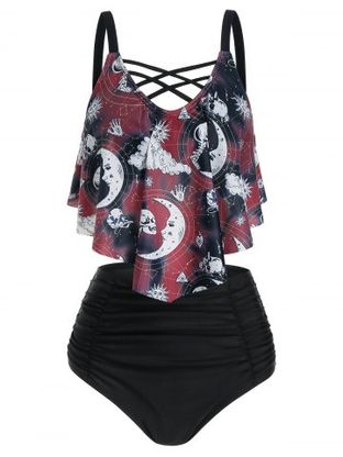 Skull Moon Sun Print Crisscross High Waisted Tankini Swimwear