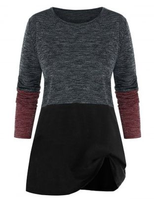Plus Size Contrast Colorblock Ribbed Tunic Sweater