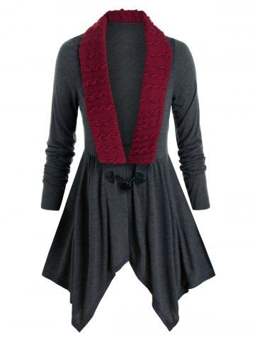 Plus Size Horn Button Cable Knit Insert Handkerchief Cardigan