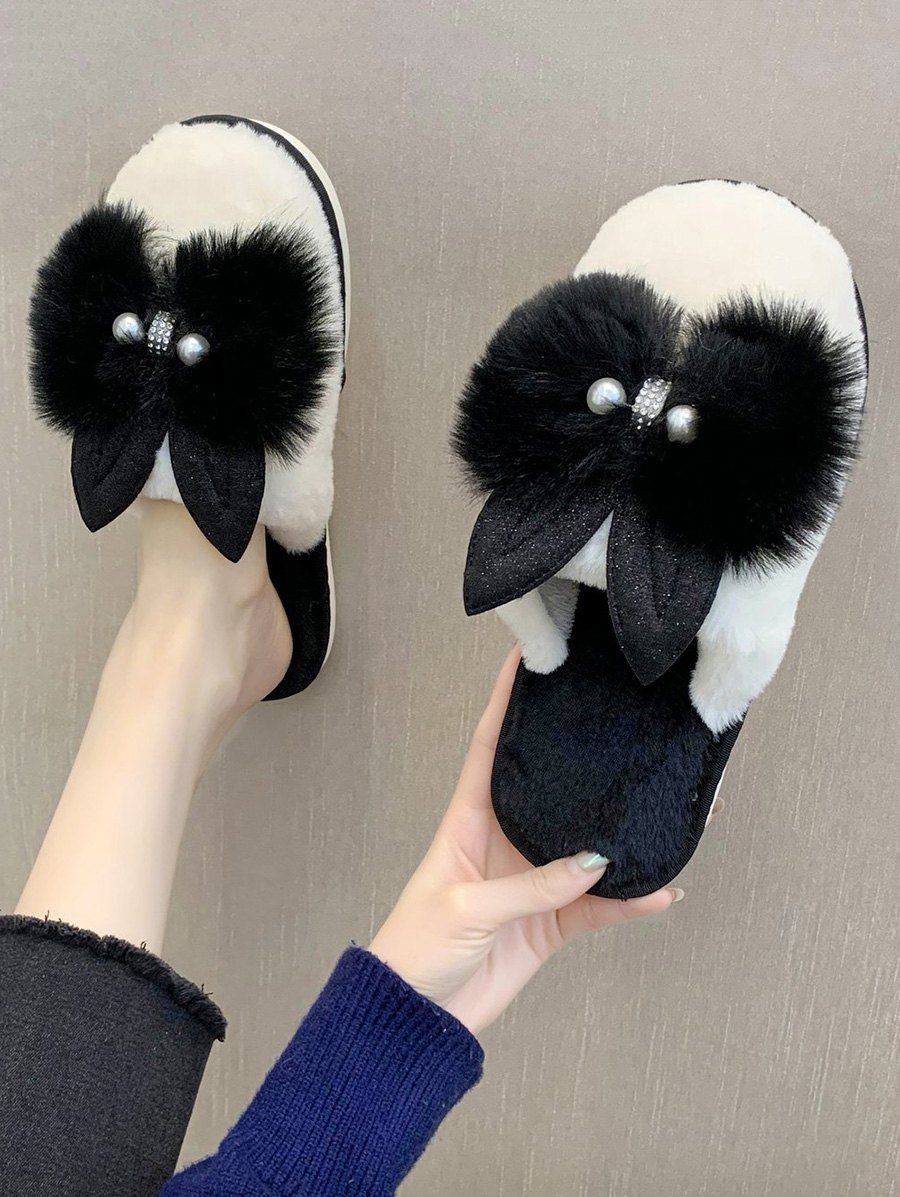 

Bowknot Faux Pearl Plush Outdoor Slippers, Black