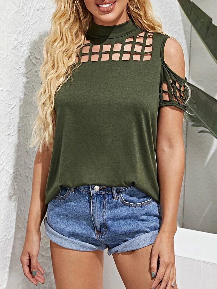 

Laser Cutout Overlap Open Back High Neck Top, Deep green