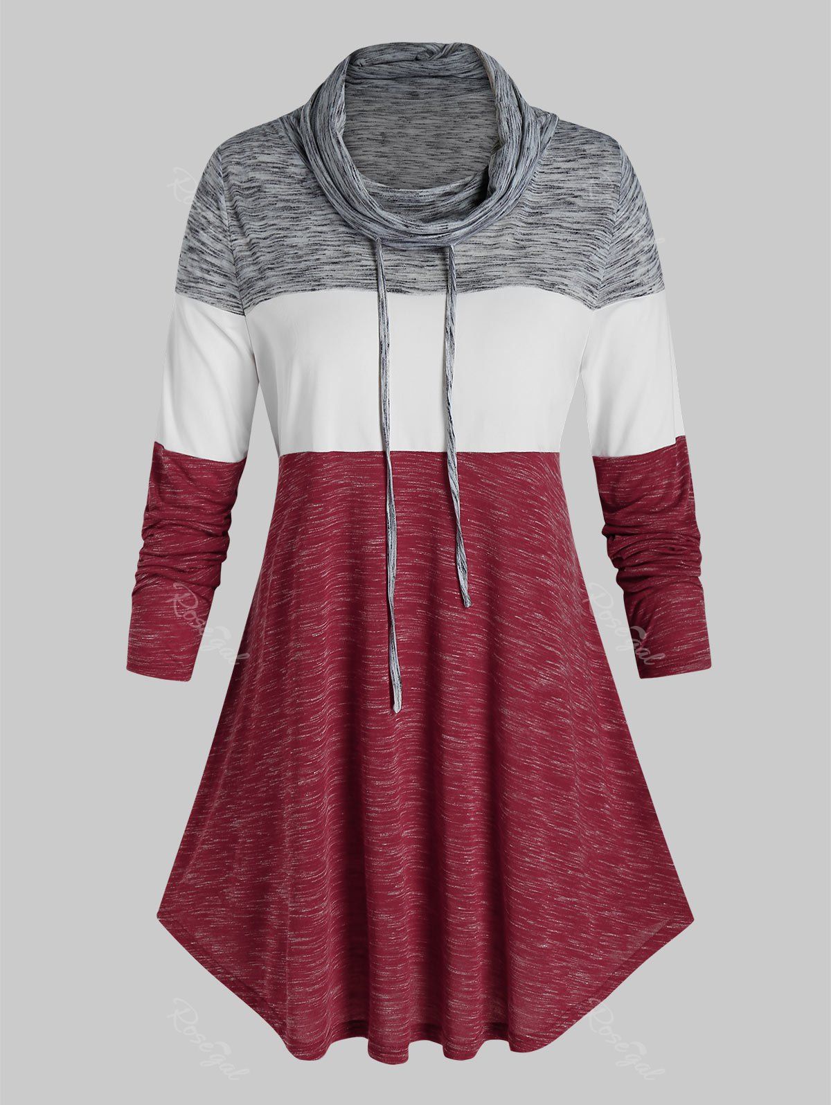 

Plus Size Color Blocking Space Dye Cowl Neck Curved Tunic Tee, Multi