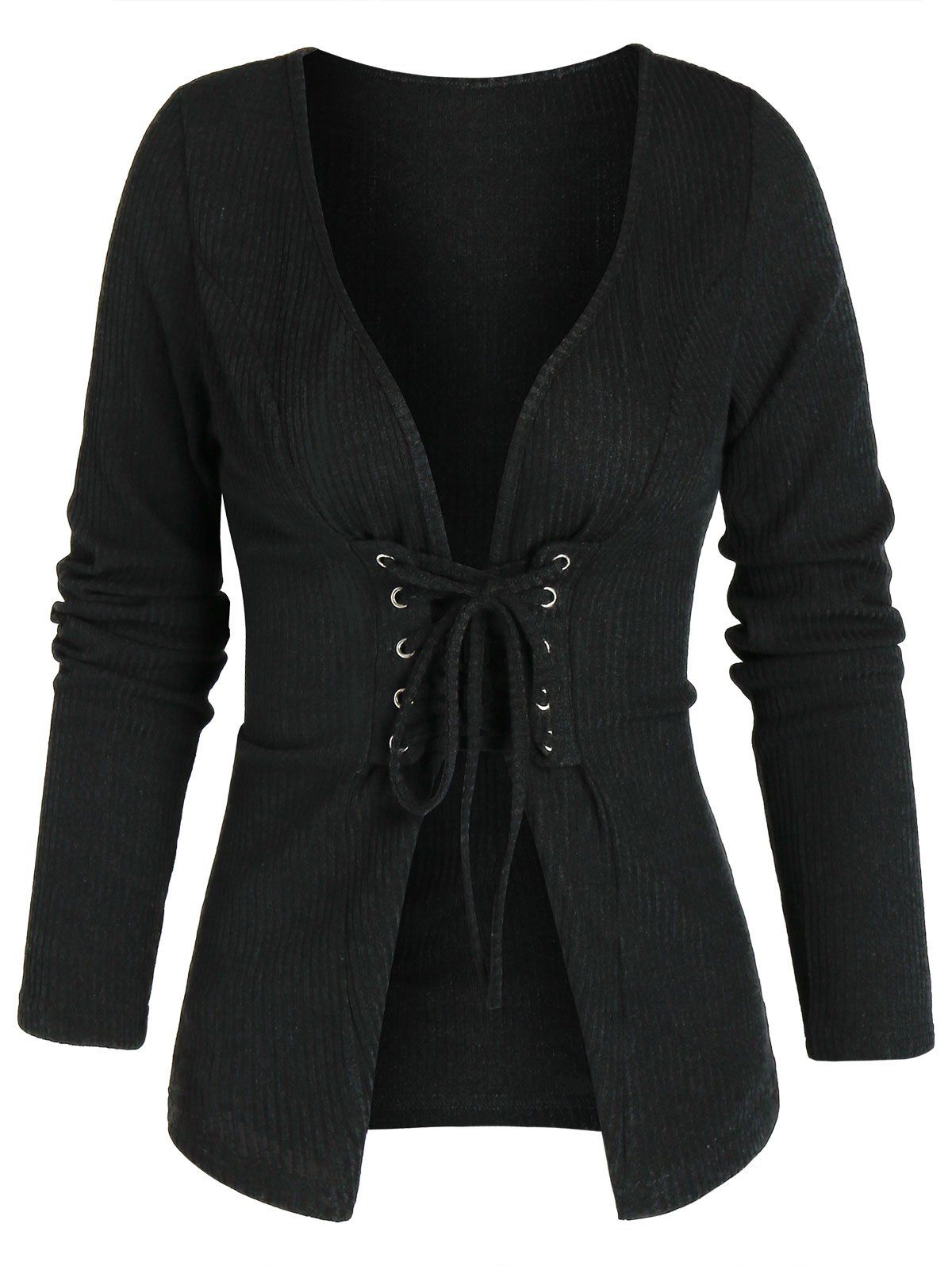 

Plain Lace Up Plunging Neck Knitted T Shirt, Black