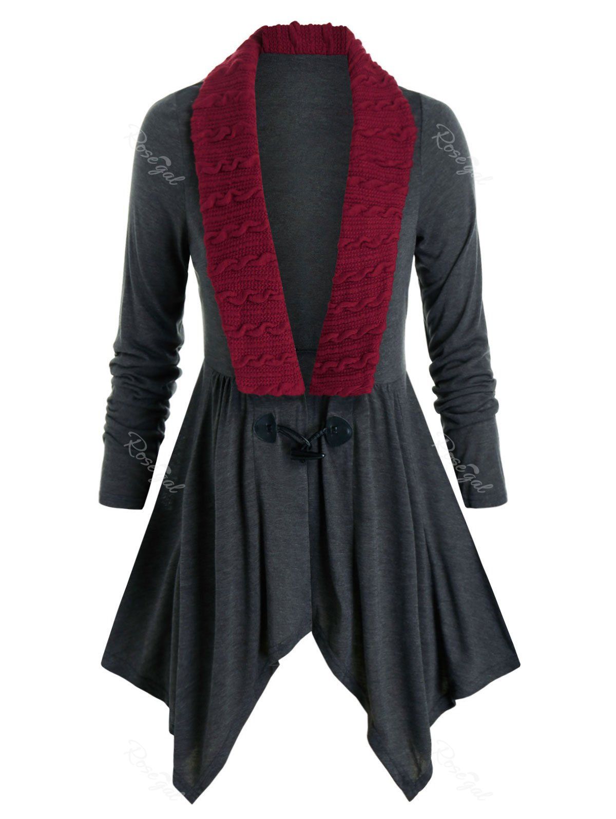 Cardigan Mouchoir en Tricot à Câble avec Bouton Corne de Grande Taille Gris Carbone 3X