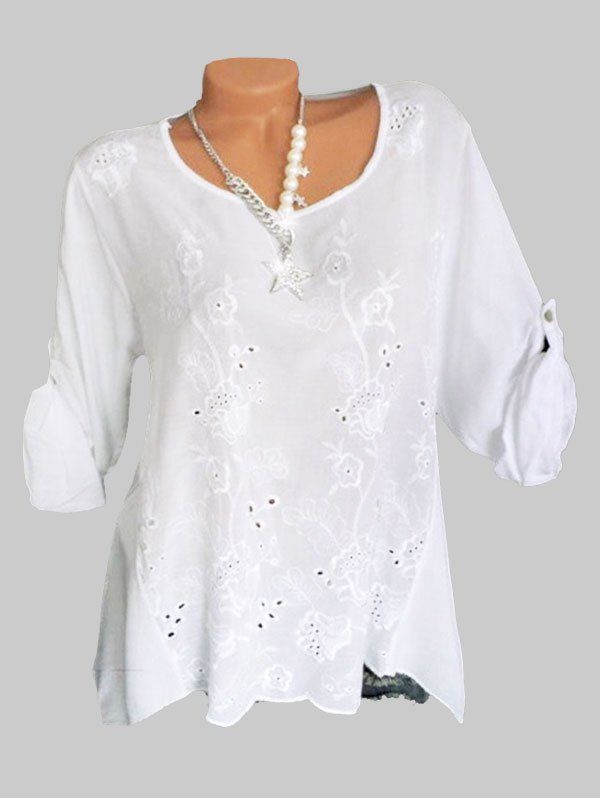 

Plus Size Flower Embroidered Roll Tab Sleeve Tunic Blouse, White