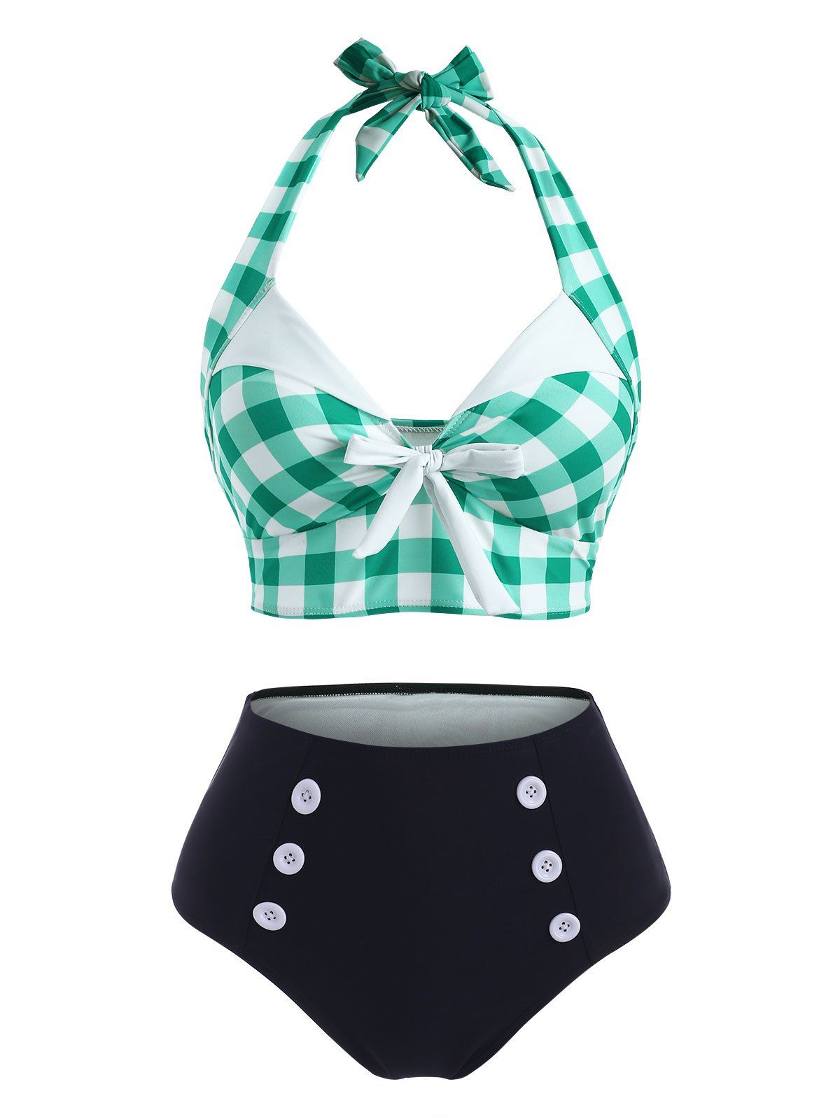 Affordable Gingham Bowknot Button Embellished Halter Tankini Swimwear  
