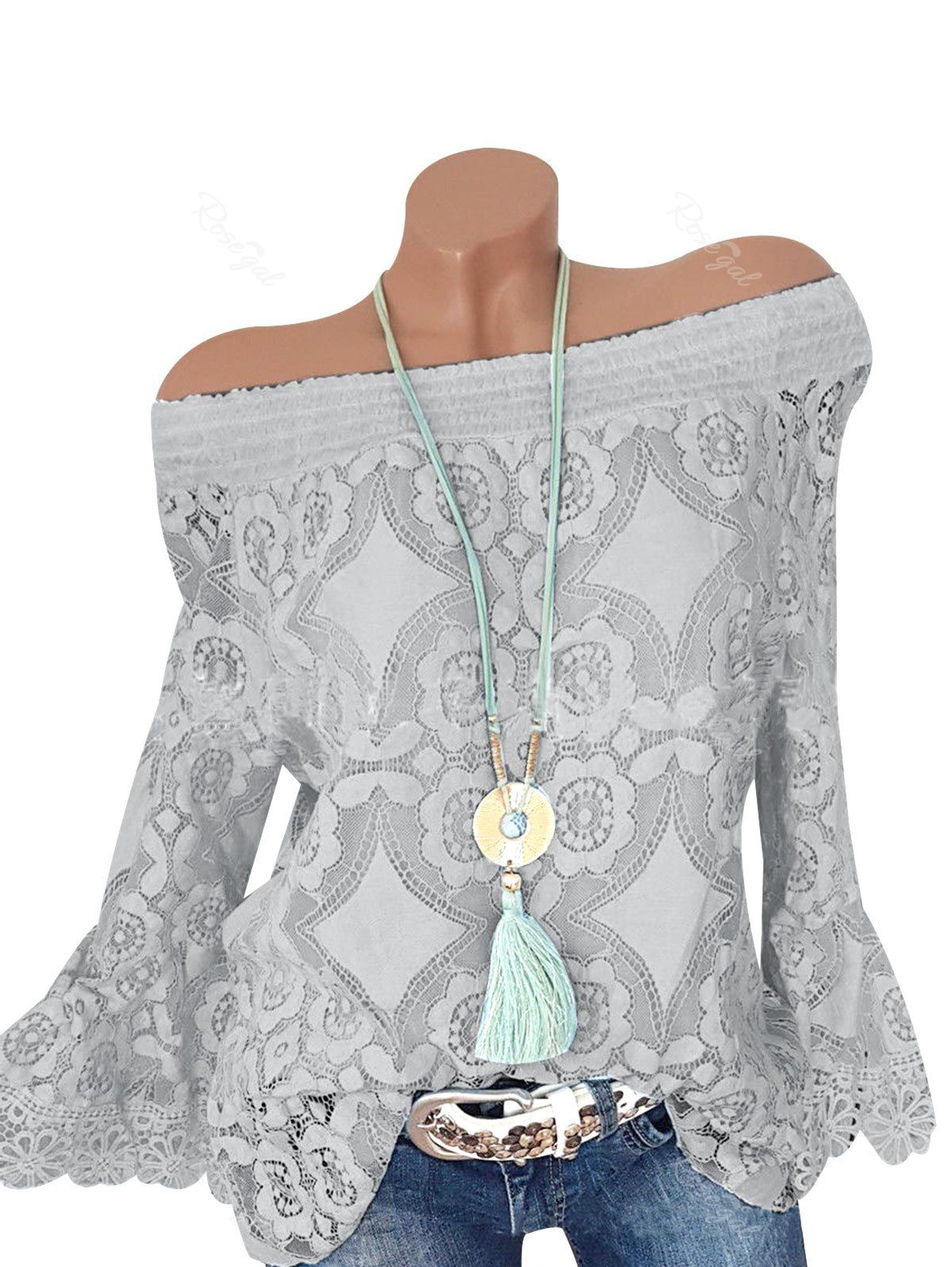 

Plus Size Lace Off Shoulder See Thru Smocked Top, Light gray