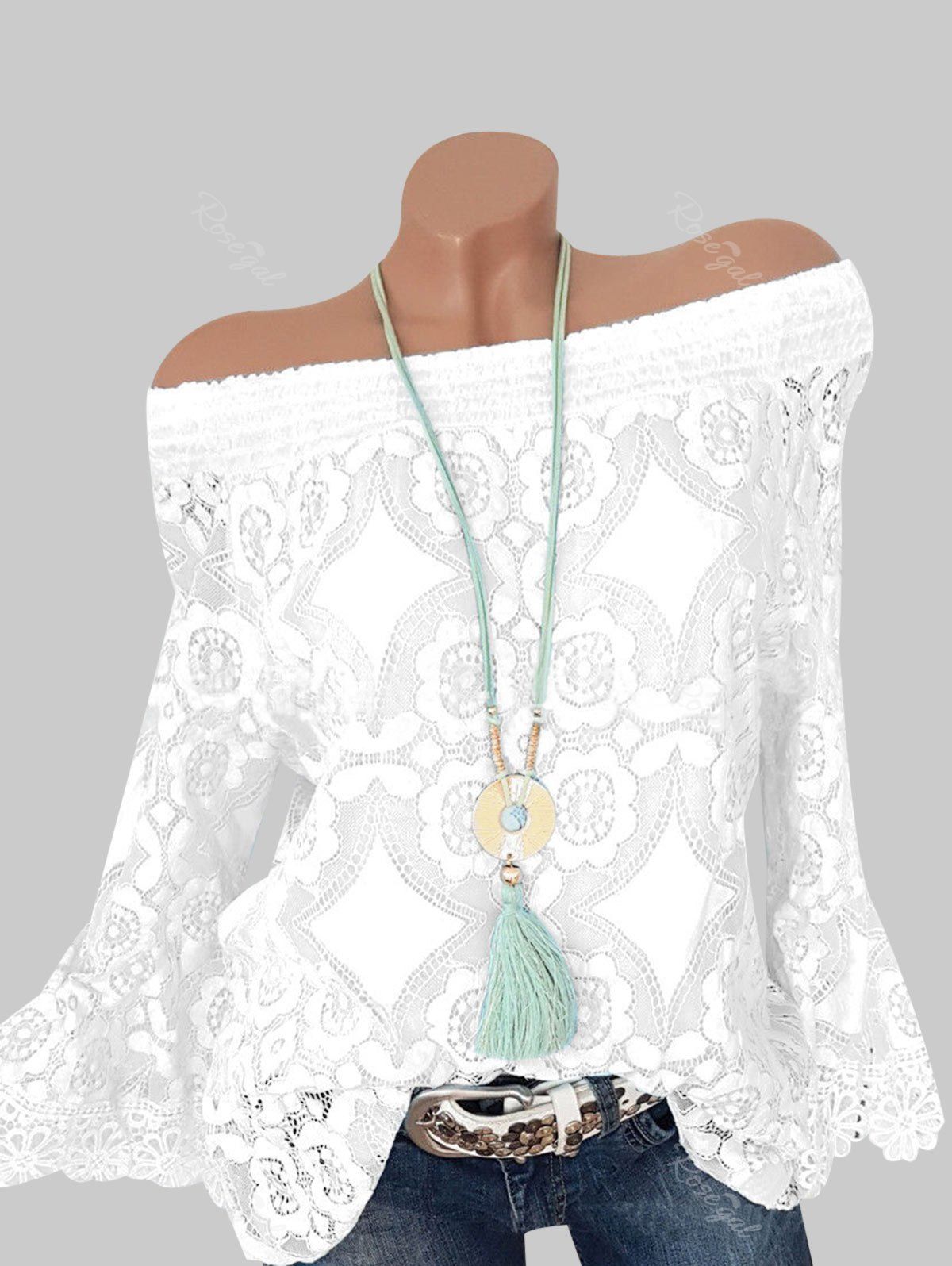 

Plus Size Lace Off Shoulder See Thru Smocked Top, White