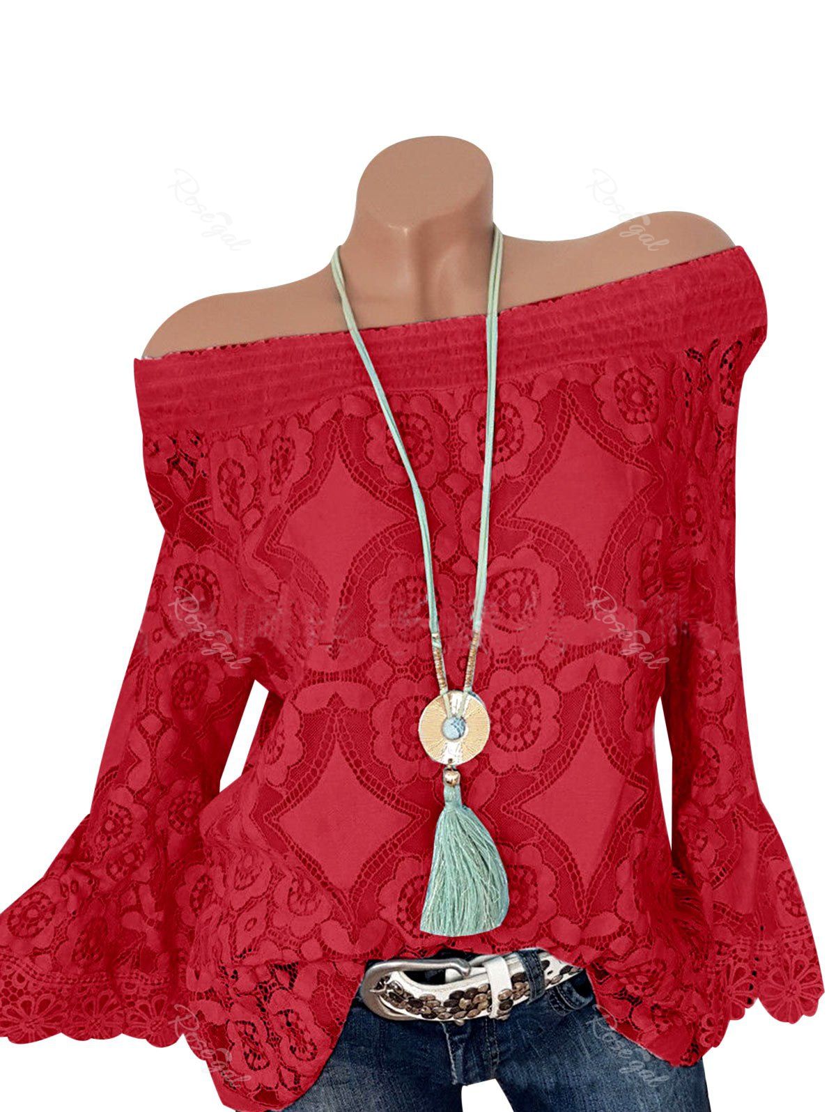 

Plus Size Lace Off Shoulder See Thru Smocked Top, Red
