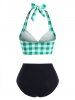 Gingham Bowknot Button Embellished Halter Tankini Swimwear -  