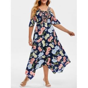

Plus Size Cold Shoulder Sequin Floral Handkerchief Dress, Dark slate blue