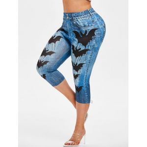 

Plus Size Bats Print Halloween Capri Jeggings, Light blue