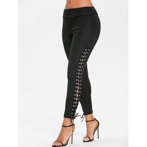 

Plain Lace Up Skinny Pants, Black