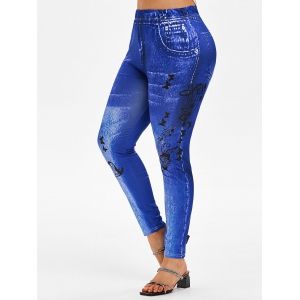 

Plus Size Musical Notes Butterfly 3D Print High Rise Jeggings, Deep blue