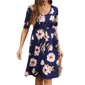 

Mock Buttons Floral Printed Front Pocket Dress, Blue