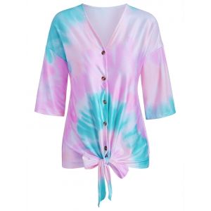 

Tie Dye Print Knotted Button Up T-shirt, Light blue