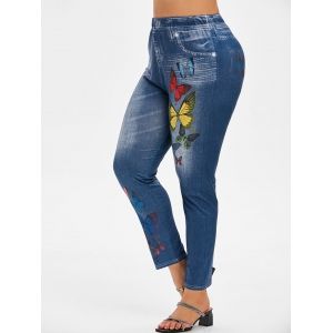 

Plus Size Colorful Butterfly 3D Print High Waisted Jeggings, Blue