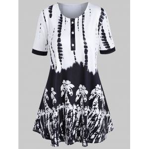 

Plus Size Coconut Tree Tie Dye Print Henley T-shirt, Black