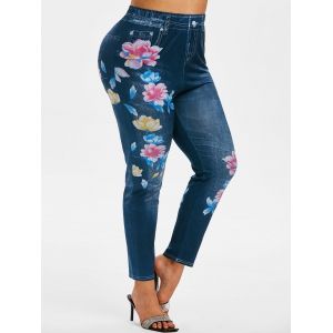 

Plus Size Flower 3D Print High Waisted Skinny Leggings, Deep blue