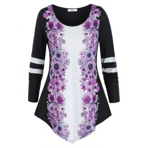 

Plus Size Flower Print Uneven Hem Long Sleeve Tunic Tee, Black