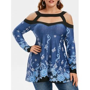 

Plus Size Cold Shoulder Cutout Floral Branch T Shirt, Denim dark blue