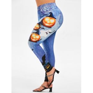 

3D Print Pumpkin Halloween Plus Size Jeggings, Blue