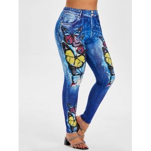 

Plus Size Butterfly 3D Jean Print Jeggings, Blue