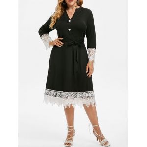 

Plus Size Lace Insert Belted Midi Dress, Black