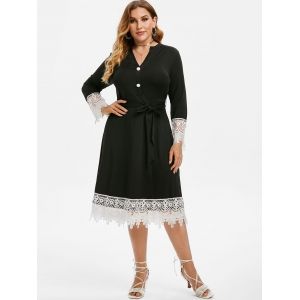 

Plus Size Lace Insert Belted Midi Dress, Black