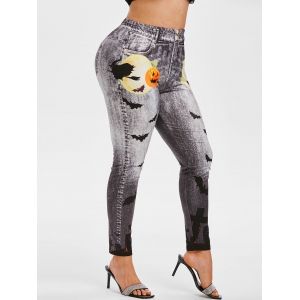 

Plus Size Halloween Pumpkin Bat Print Jeggings, Dark gray