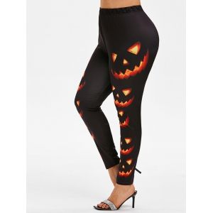 

Plus Size Halloween Pumpkin Flame Pattern High Waisted Leggings, Black