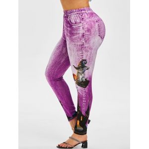 

Plus Size Pumpkin Cat Print Halloween Jeggings, Light purple