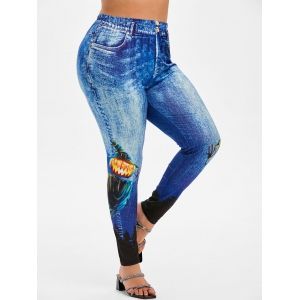 

Plus Size Halloween 3D Denim Pumpkin Ghost Print Jeggings, Blue