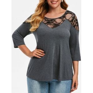 

Plus Size Lace Panel Tunic T-shirt, Battleship gray
