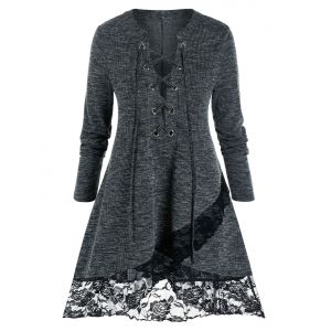 

Plus Size Marled Lace-up Lace Panel Tulip Hem Knit Sweater, Dark slate grey