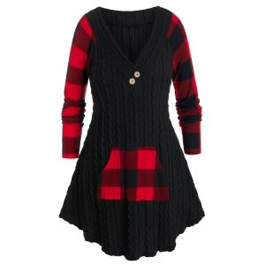 

Plus Size Cable Knit Plaid Kangaroo Pocket Curved Sweater, Black