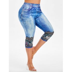 

Plus Size 3D Lace Denim Print Capri Jeggings, Blue