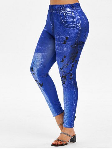 Plus Size Musical Notes Butterfly 3D Print High Rise Jeggings