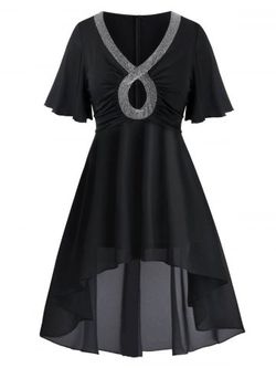 Plus Size Glitter Trim Keyhole High Low Dress - BLACK - 1X