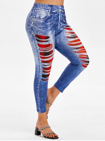 Plus Size High Rise 3D Ripped Plaid Print Jeggings