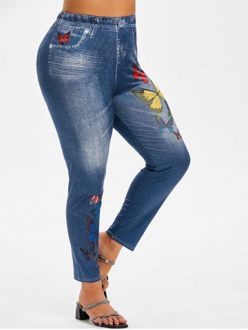 Plus Size Colorful Butterfly 3D Print High Waisted Jeggings