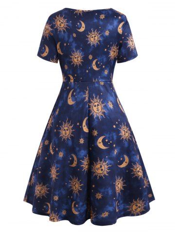 

Plus Size Sun Moon Print Cutout Dress, Deep blue