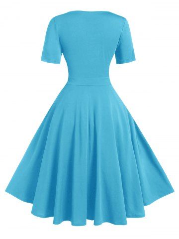 

Plus Size A Line Solid V Neck Vintage Dress, Light blue