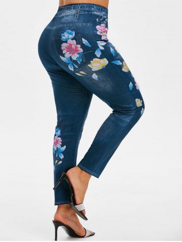 

Plus Size Flower 3D Print High Waisted Skinny Leggings, Deep blue