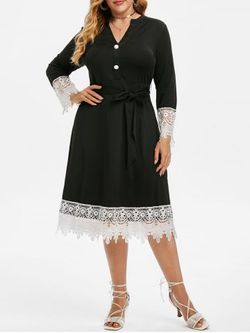 Plus Size Lace Insert Belted Midi Dress - BLACK - L