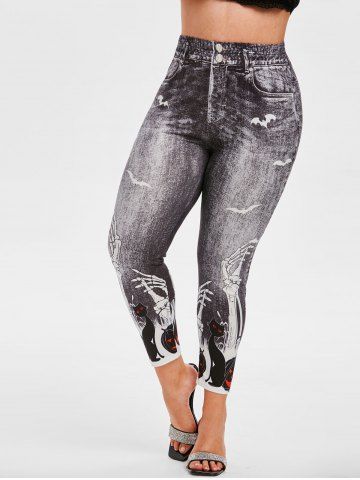 Plus Size Halloween Skeleton Cat 3D Print Skinny Leggings