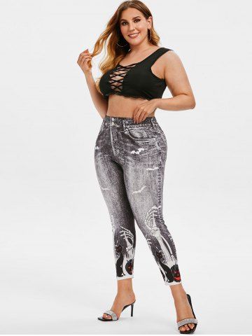 Plus Size Halloween Skeleton Cat 3D Print Skinny Leggings