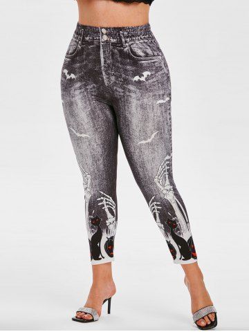 Plus Size Halloween Skeleton Cat 3D Print Skinny Leggings