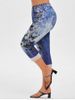 Legging Capri à Imprimé 3D Papillon Fleuri à Ourlet en Dentelle de Grande Taille - Bleu 5X